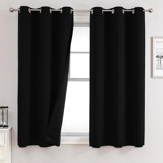 ChrisDowa 100% Blackout Curtains 63 inch Long for Bedroom with Black Liner, 2 Thick Layers Total Blackout Thermal Insulated Grommet Window Curtains 2 Panels Set (Black, 38 x 63 Inch)