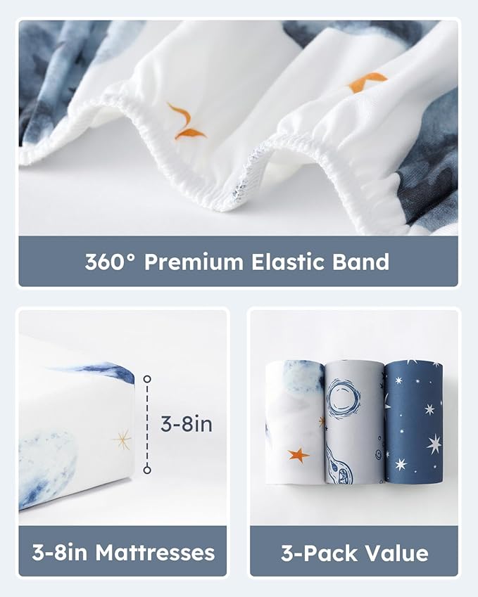 Baby Crib Sheets for Boys Girls, 28x52x8in Fitted Crib Sheet Neutral 3 Pack for Standard Crib and Toddler Mattress, Breathable Soft Microfiber Baby Sheet Grey & Blue Moon