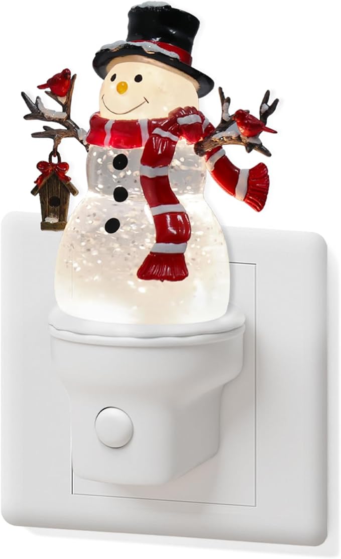 Christmas Snowman Night Light Plug into Wall Glitter Water Nightlight with USB/Outlet Options, Christmas Decorative Nightlight for Bedroom Kitchen Nursery Holiday Decorations Gifts (Snowman)
