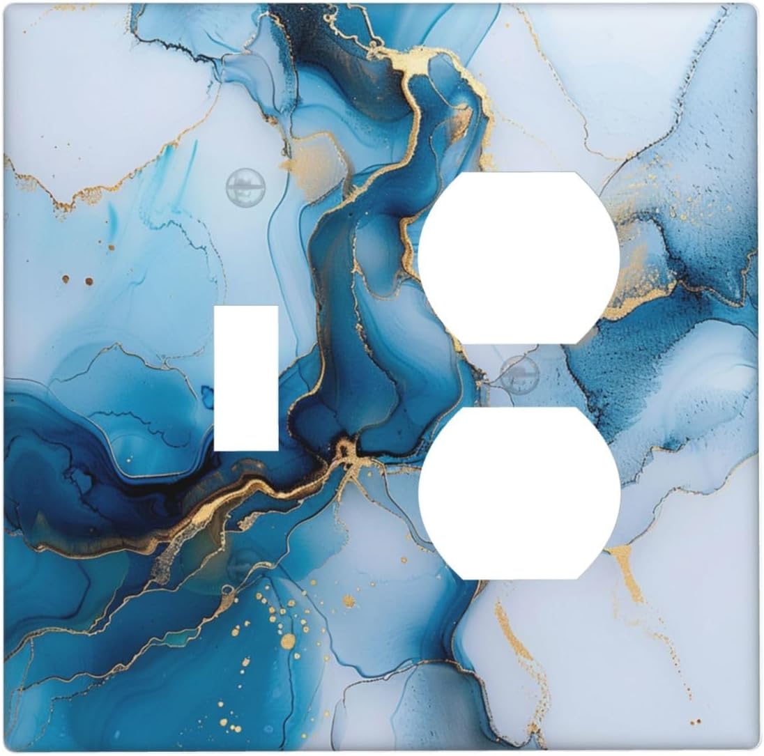 Decorative Outlet Covers Modern Abstract Blue Gold Line Marble 2 Gang Wall Plate Cover Single Toggle Duplex Combo Two Switch Light Switch Cover Plate Jumbo Dual GFCI Faceplate