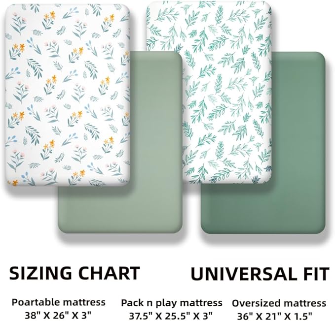 Nursery Sheets - 4 Pack Sage Green Fitted Breathable Unisex Baby Sheets with Leaf and Flower Design for Mini Crib