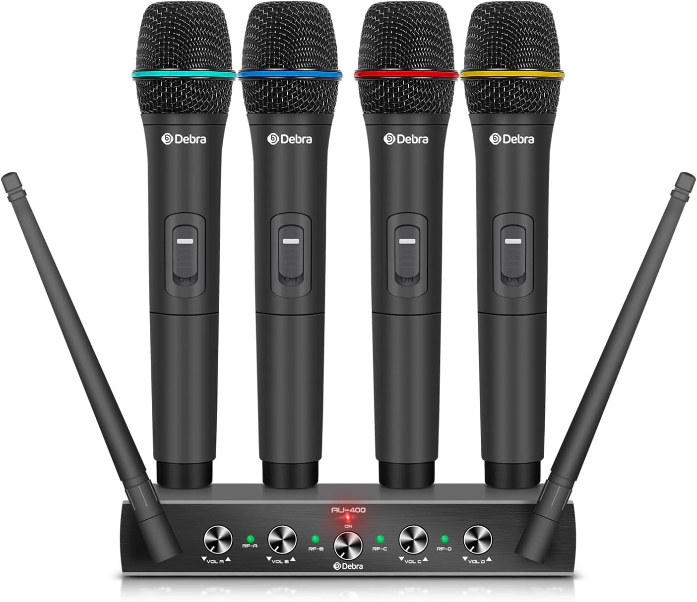 Debra Audio Pro UHF 4 Channel Wireless Microphone System with Cordless Handheld Lavalier Headset Mics, Metal Receiver, Ideal for Karaoke Church Party (with 4 Handheld (B))