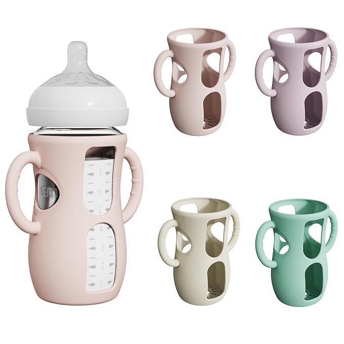 4 Pack Silicone Sleeves for Avent Natural Glass Bottles, Anti Breakage Baby Bottle Protector with Easy-Grip Handle, Compatible Philips Avent Glass Natural Bottle 8 oz, Not for Infant Use