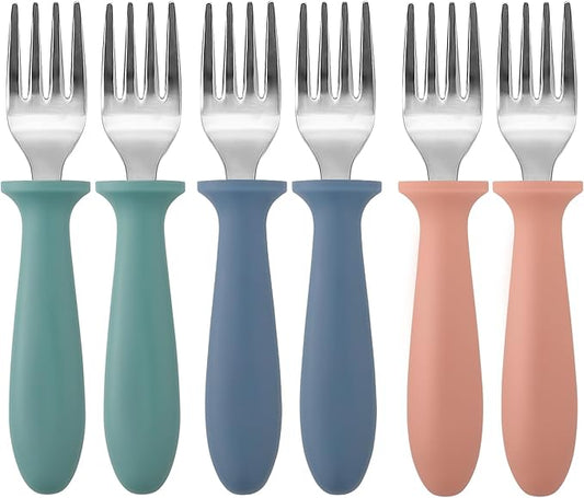 Pimoys 6-Pack Stainless Steel Toddler Forks Baby & Kids Utensils for Self-Feeding Plastic Handle Dishwasher Safe