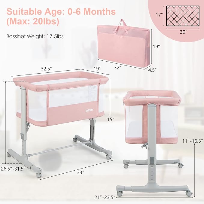 INFANS 3 in 1 Baby Bassinet, Bedside Sleeper for Newborn, Folding Crib with Mattress, Travel Bag, Wheels, 4-Sided Mesh, Easy to Assemble Cradle Co Sleeper Stationary, Rock (Pink)