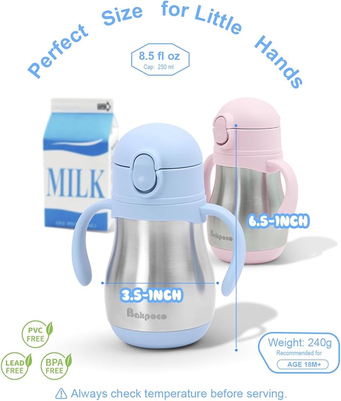 Stainless Steel Straw Sippy Cup for Toddlers 1-3 Years Old, Insulated Toddler Water Bottle Baby Training Tumbler with Handles, 8oz Kids Straw Cups for Travel, Daycare & At Home, Blue