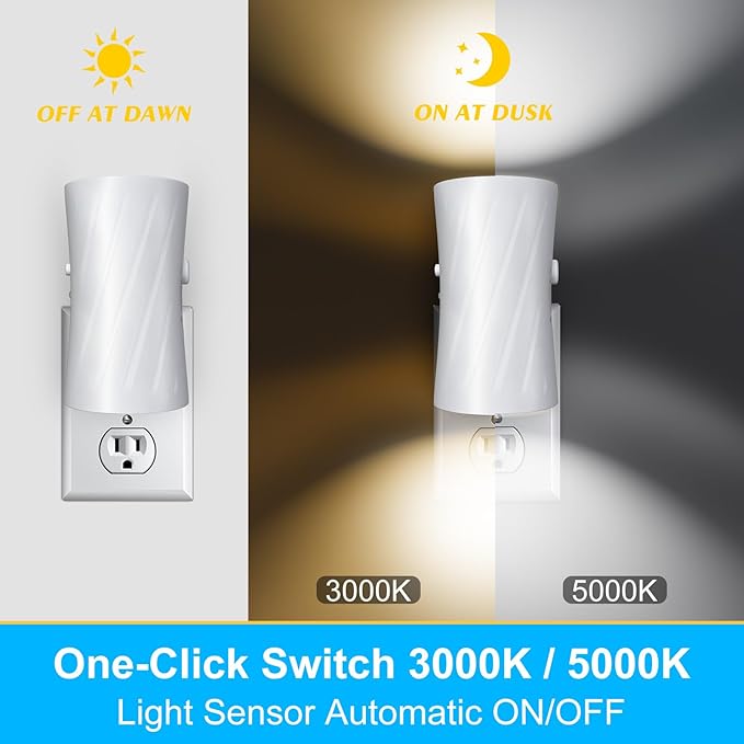 Led Night Lights Plug into Wall, 3000K/5000K Switchable, 2 Pack, Plug in Night Light, 0-100LM Dimmable Night Light, Modern Nightlights, Dusk To Dawn Sensor for Bedroom Bathroom Kitchen Stairs
