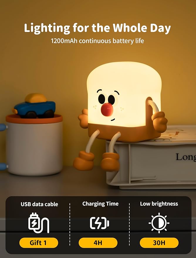 Toast Night Light for Kids, Rechargeable Bedside Lamp, Portable Night Lamps with Phone Holder, Room Decor Sleep Nightlights for Bedroom, Living Room, Desk, Desk Lamp Gifts for Baby Teens Adults