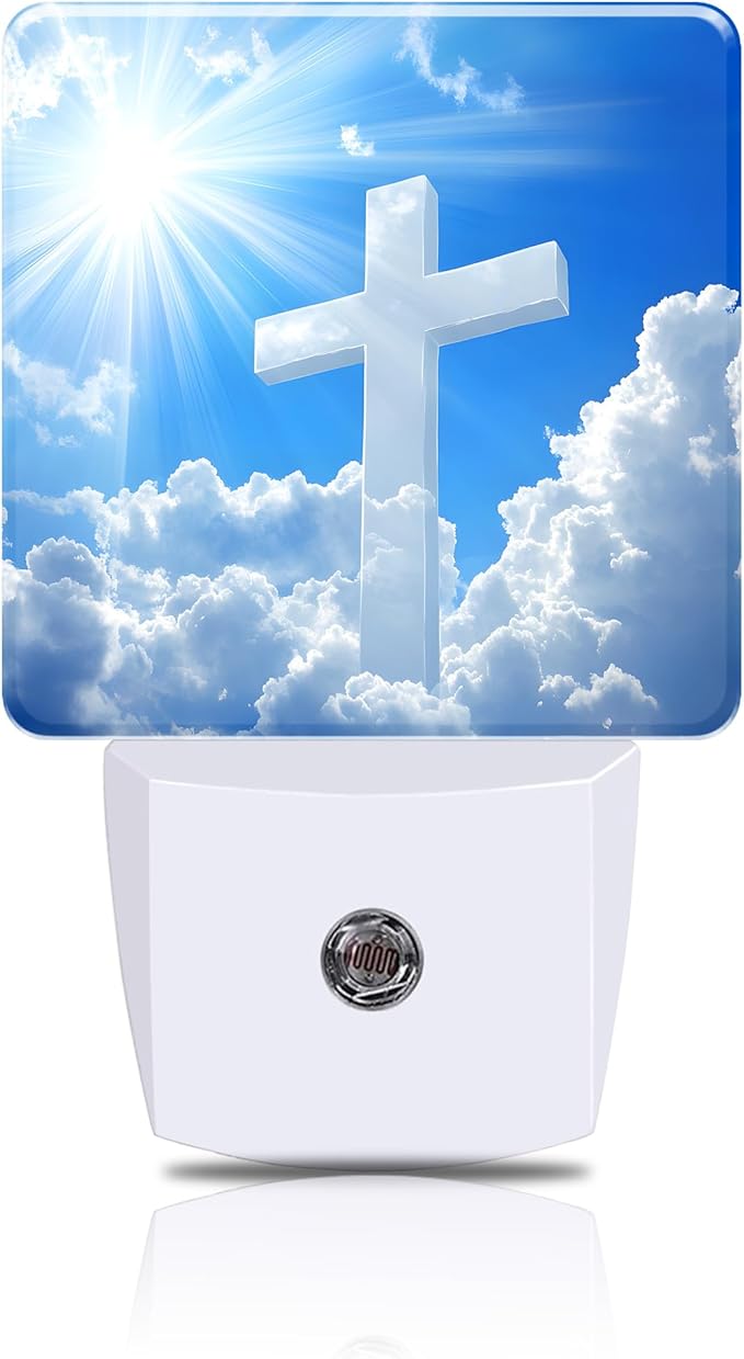 Night Light White Cross in Cloudy Sky Night Lights Plug into Wall Smart Dusk to Dawn Sensor 0.5W Energy Efficient Led Lamp for Men Women Bedroom Bathroom Hallway Stairway Decor