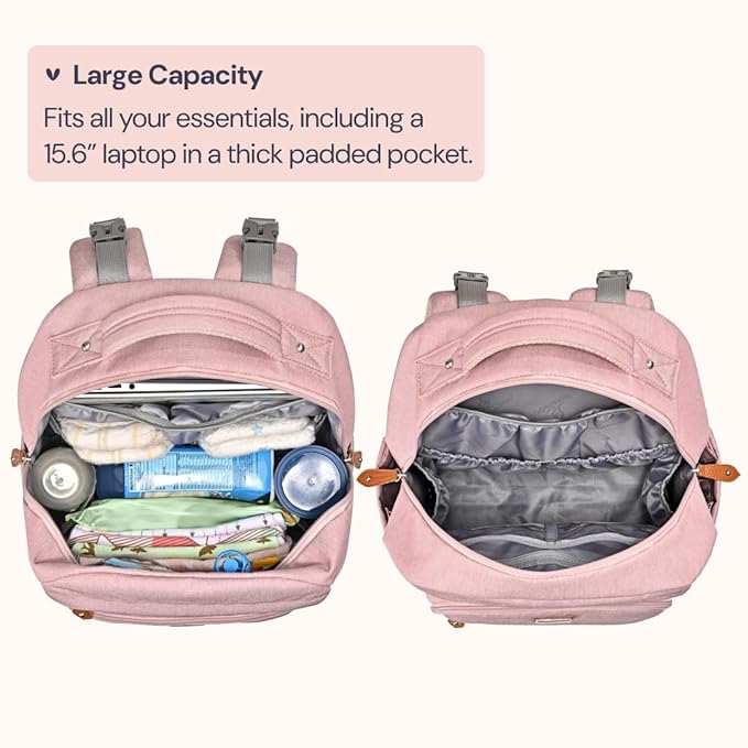BabbleRoo Diaper Bag Backpack, Travel Backpack with Changing Pad, Pacifier Case & Stroller Straps, Multifunction, Waterproof, Unisex – Pink