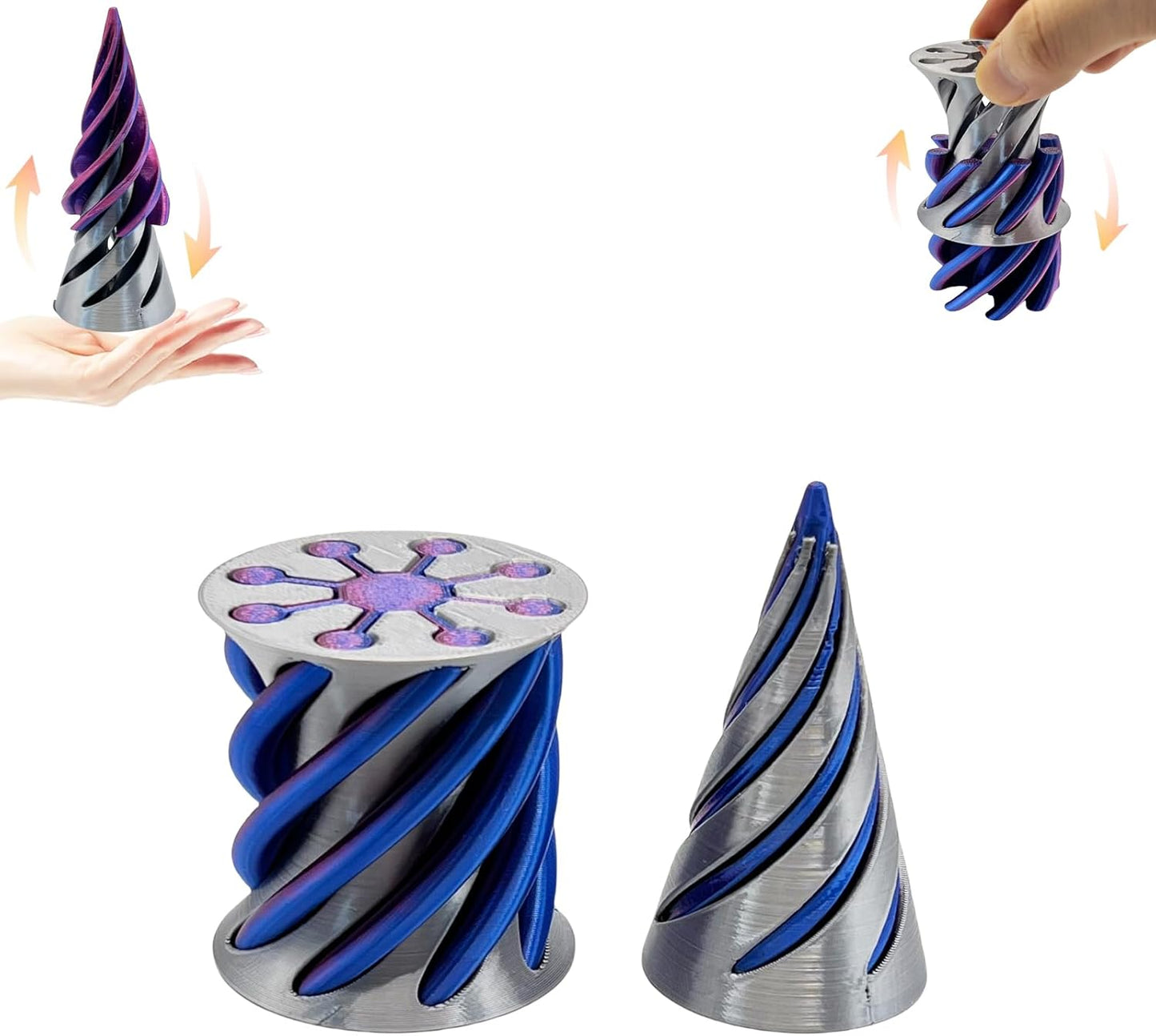 Impossible Pyramid Passthrough Sculpture - 2Pcs 3D Printed Spiral Cone Fidget Toy, Stress and Anxiety Relief Toy, Pass Through Pyramid Fidget Toy for Adult Children (Colorful-Blue)