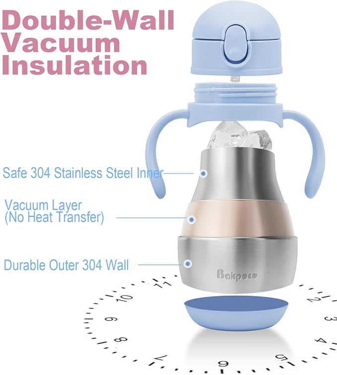 Stainless Steel Straw Sippy Cup for Toddlers 1-3 Years Old, Insulated Toddler Water Bottle Baby Training Tumbler with Handles, 8oz Kids Straw Cups for Travel, Daycare & At Home, Blue