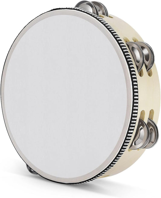 Flexzion Wood Handheld Tambourine for Adults 8-Inch Double Row 8-Pair Jingles (Wood) - Percussion Round Tamborines Musical Instrument with Metal Zills