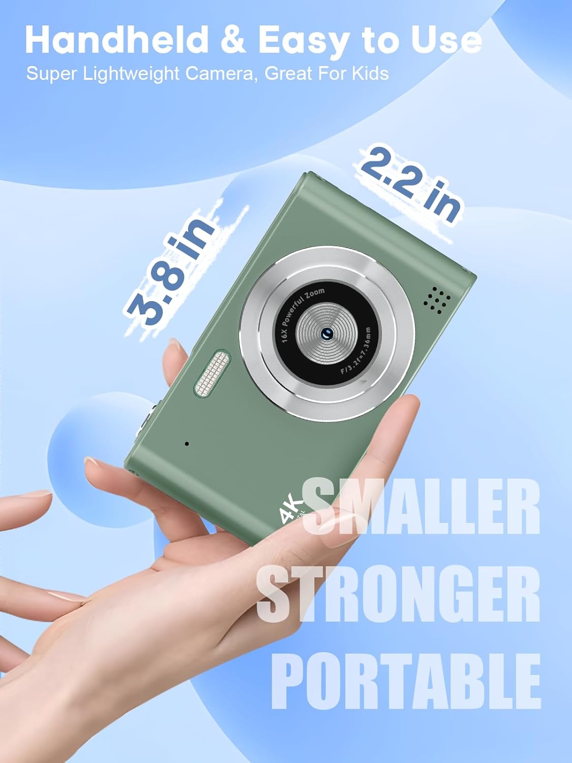 Digital Camera, 44MP Full HD 1080P Point and Shoot Camera with 64GB Card, Anti Shake 16X Zoom Compact Volg Cameras, Portable Small Camara Gift for Kids, Ages Teen Girl Boy - Green