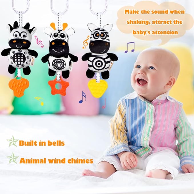 KAKIBLIN Baby Hanging Toy,3 Pack Black and White Sensory Toys for for 0 3 6 9 to 12 Months, High Contrast Soft Hanging Crinkle Squeaky Learning Toy with Teether for Boys Girls (21CM, Zebra,Deer&Cow)