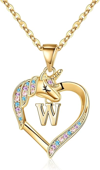 Hidepoo Unicorn Necklace Gifts for Girls - 14K-Gold-Plated Colorful CZ Heart Necklace Girls Jewelry Initial Unicorn Necklaces for Girl Birthday Gifts