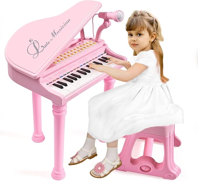 31 Keys Piano Keyboard Toy for Kids, Birthday Gift for 1 2 Year Old Girls，Pink Musical Piano Toy for Toddlers with Microphone and Stool