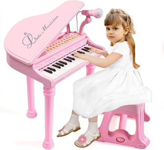31 Keys Piano Keyboard Toy for Kids, Birthday Gift for 1 2 Year Old Girls，Pink Musical Piano Toy for Toddlers with Microphone and Stool