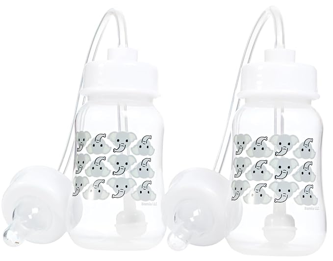Hands-Free Baby Bottle - Anti-Colic Nursing System 4 oz Baby Bottle with Fast Flow Nipple/Teat 3m+ Infant with Tube Straw Feeding System for Toddler (2 Bottles - Elephant)