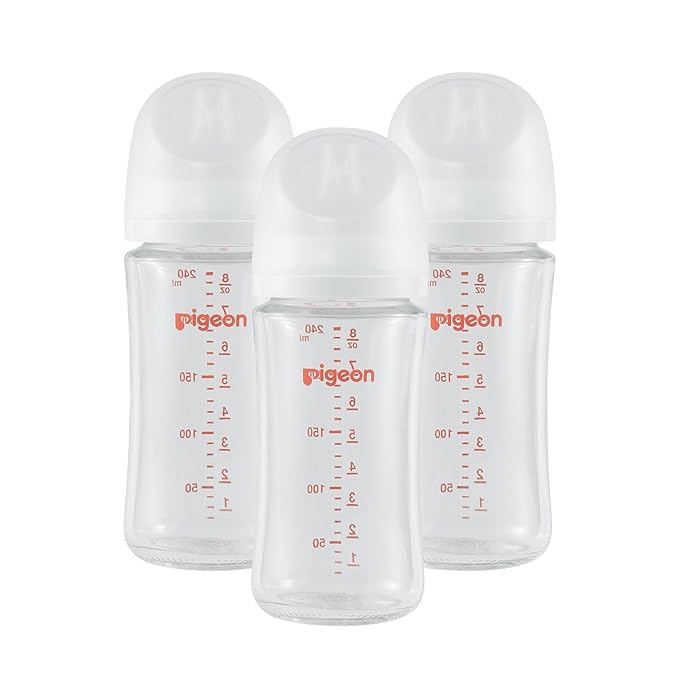 Pigeon Glass Nursing Bottle Wide Neck, Nurture & Nest, Anti-Colic, Streamlined Body, Natural Feel, Easy to Clean, Heat-Resistant, 8.1 Oz (Pack of 3), Includes 3pcs Stage 3 Nipples (3m+)