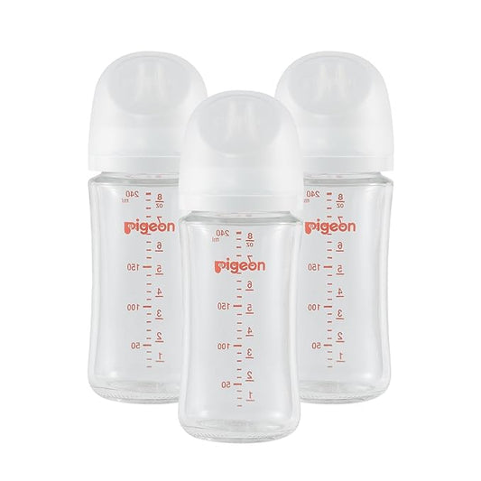 Pigeon Glass Nursing Bottle Wide Neck, Nurture & Nest, Anti-Colic, Streamlined Body, Natural Feel, Easy to Clean, Heat-Resistant, 8.1 Oz (Pack of 3), Includes 3pcs Stage 3 Nipples (3m+)
