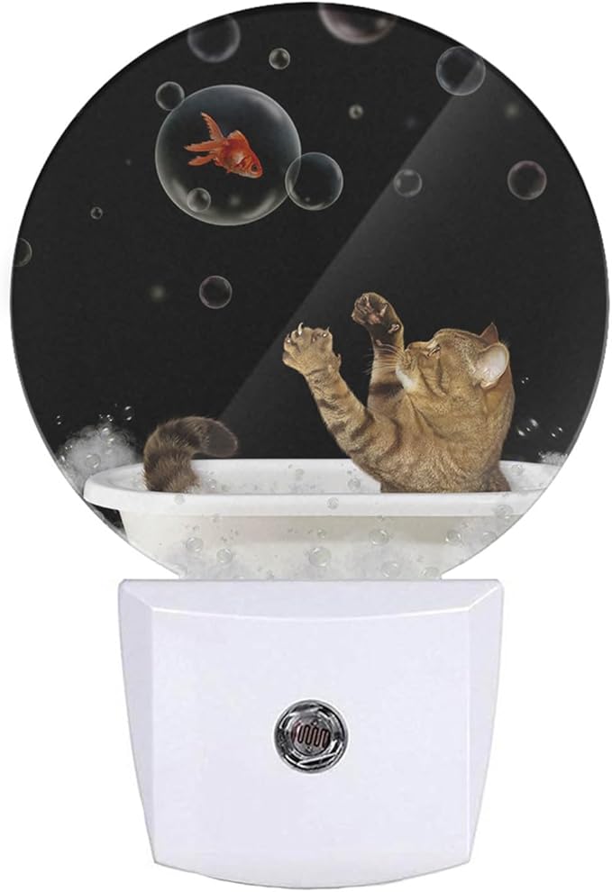 EKOBLA Funny Cat and Fish Night Light Black Cat Play Gold Fish Bubbles in Bathtub Night Lights Plug into Wall Home Decor Cute Nightlight for Men Women