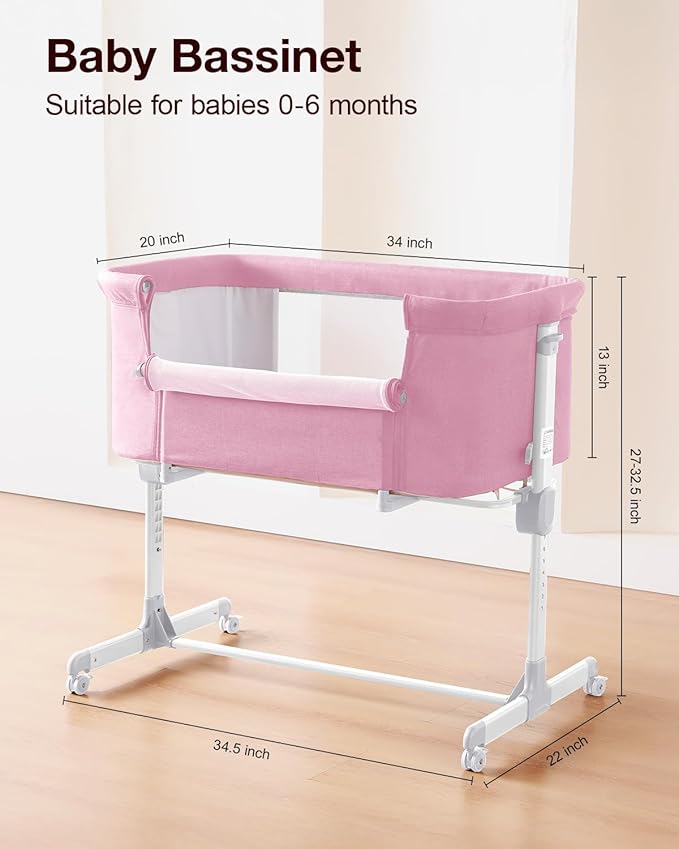 Larex Baby Bassinet, 3 in 1 Bassinets Bedside Sleeper for Newborn, Portable Crib Adjustable 7 Height Bedside Bassinet with Mattress and Wheels Pink