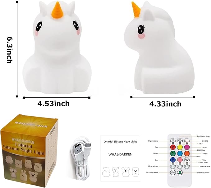 WHA&DARREN Large Unicorn Night Light for Kids,Cute Baby Night Light, Silicone Bedside Lamp,Sleep LED Lights, Eye Caring, Adjustable Brightness & Color, Time Setting, Touch Control & Remote Control