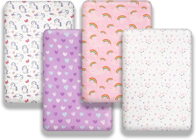 4 Pack Soft Baby Girl Crib Sheets for Standard Crib Mattress Unicron Rainbow Heart Cute Neutral Polyester Unisex Fitted Crib Sheets Set for Baby Girls