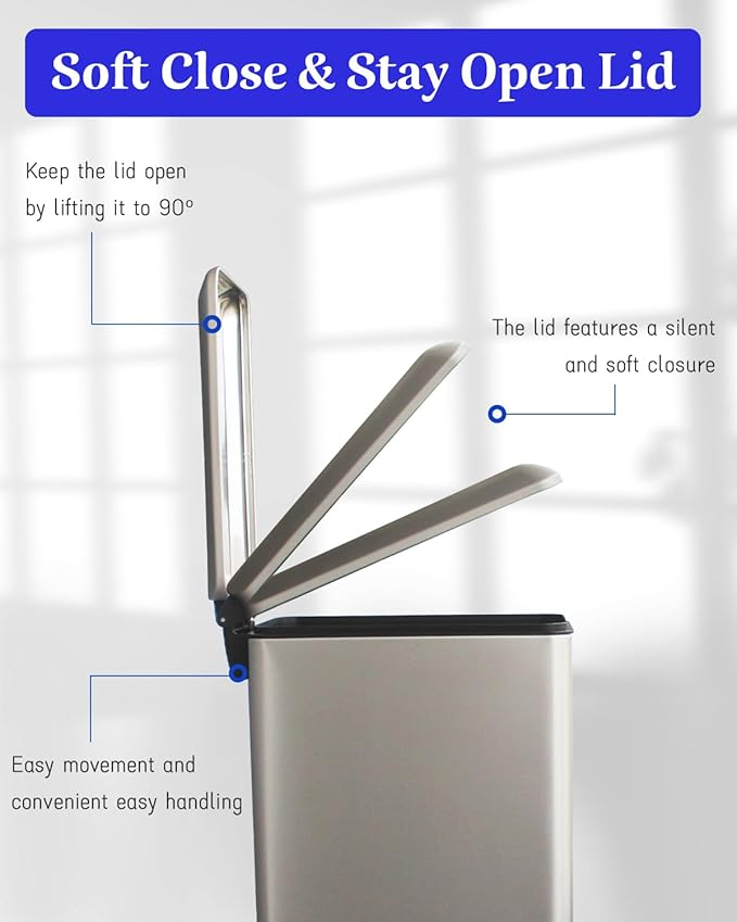 12 Gallon Slim Kitchen Trash Can, Stainless Steel Trash Can with Removal Inner Bucket and Soft-Close Lid, Pedal Garbage Can 45 Liter, Kohler Grey