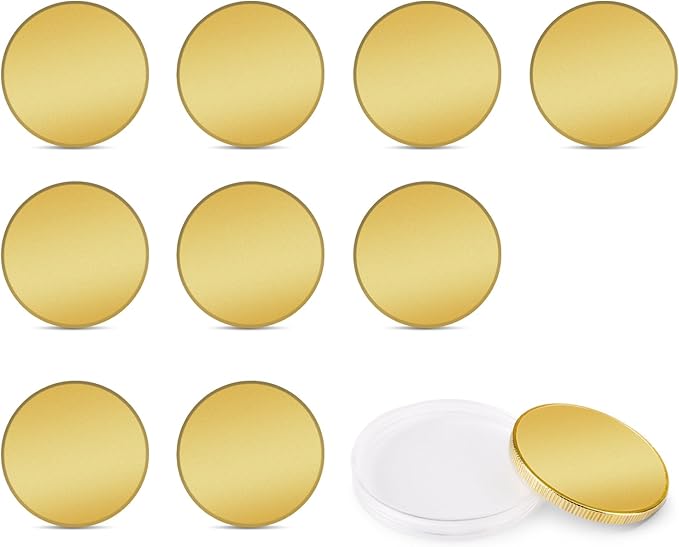10PCS Brass Coin Blanks, 40×40×3mm Blank Challenge Coins with Acrylic Protection Box, Multipurpose Coin Blanks for Laser Engraving, Creative DIY, Travel Commemorative Collection, Bulk Craft Supplies