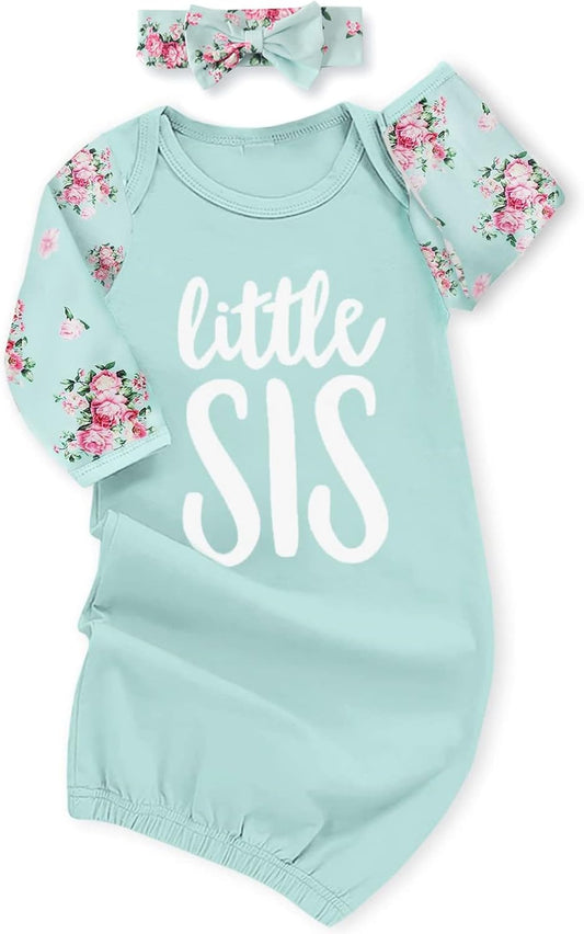 AMAWMW Newborn Baby Girl Little Sister Sleeper Gown Stripe Long Sleeve Nightgown Pajamas Gifts Stuff Essential Outfit
