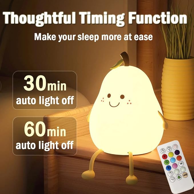 LED Cute Pear Night Light, Silicone Fruit Pear Lamp with Remote, Squishy Kawaii Bedside Cute Lamp, Adjustable Brightness NightLight for Bedroom, Rechargeable Soft Glow NightLight for Room Decoration