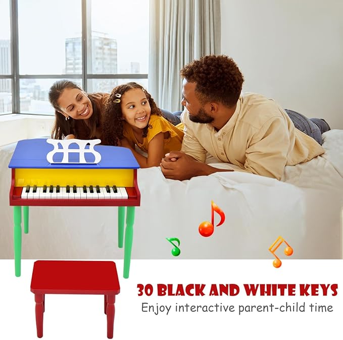 HONEY JOY Classical Kids Piano, 30-Key Mini Grand Piano with Music Stand and Bench, Wooden Musical Instrument Toy w/Lid & Music Rack, Gift for Boys Girls Ages 3+