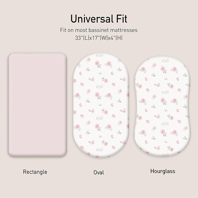 Gllquen Baby Bassinet Sheets 2 Pack, 100% Organic Cotton Bassinet Fitted Sheets for Girls Boys, Soft & Breathable Unisex Baby Mattress Sheet for Standard Bassinets 33"x17"(Pink)