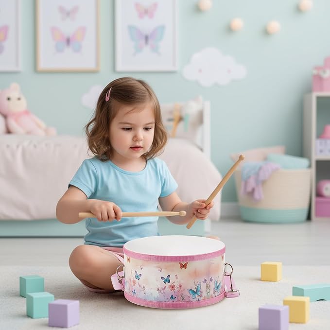 Boao 1 PC Kids Drum Set, 8 Inch Toddler Drum Wooden Toy with Adjustable Strap and 2 Drumsticks, Educational Sensory Musical Instrument for Toddlers Kid Baby Boys Girls Gift(Butterfly)