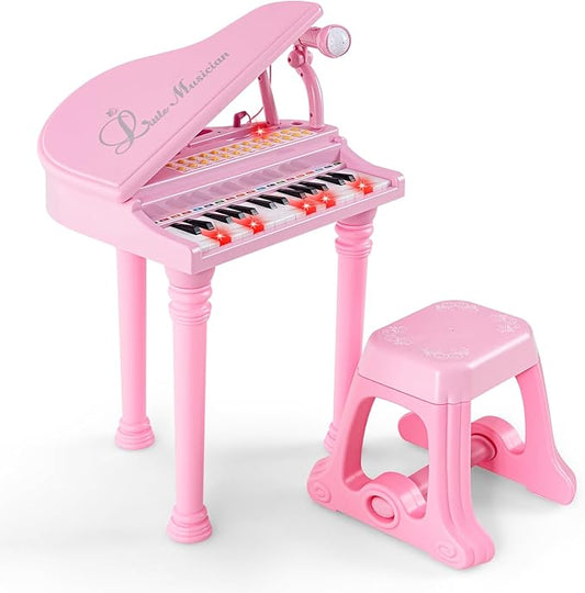 HONEY JOY Classical Kids Mini Grand Piano w/ Music Stand & Stool, Portable Electronic Piano Educational Musical Instrument Toy w/ Microphone, Lights, Gift for Kids (Pink, 31 Keys)
