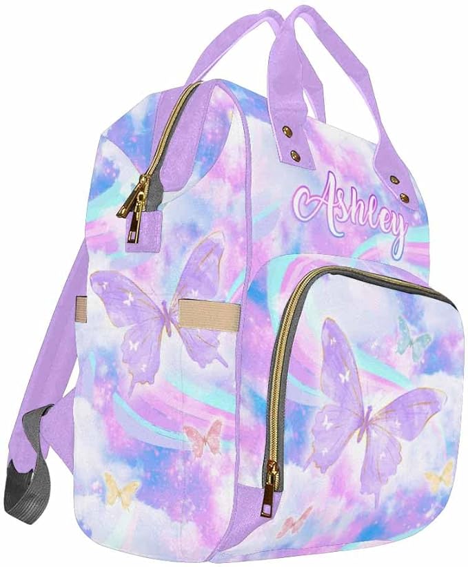 D-Story Custom Diaper Bag Tote Bags Backpacks Cute Adjustable Shoulder Straps Personalized Mummy Nursing Baby Bags Fashion Customized Gift Shoulders Bag, Rainbow Butterflies