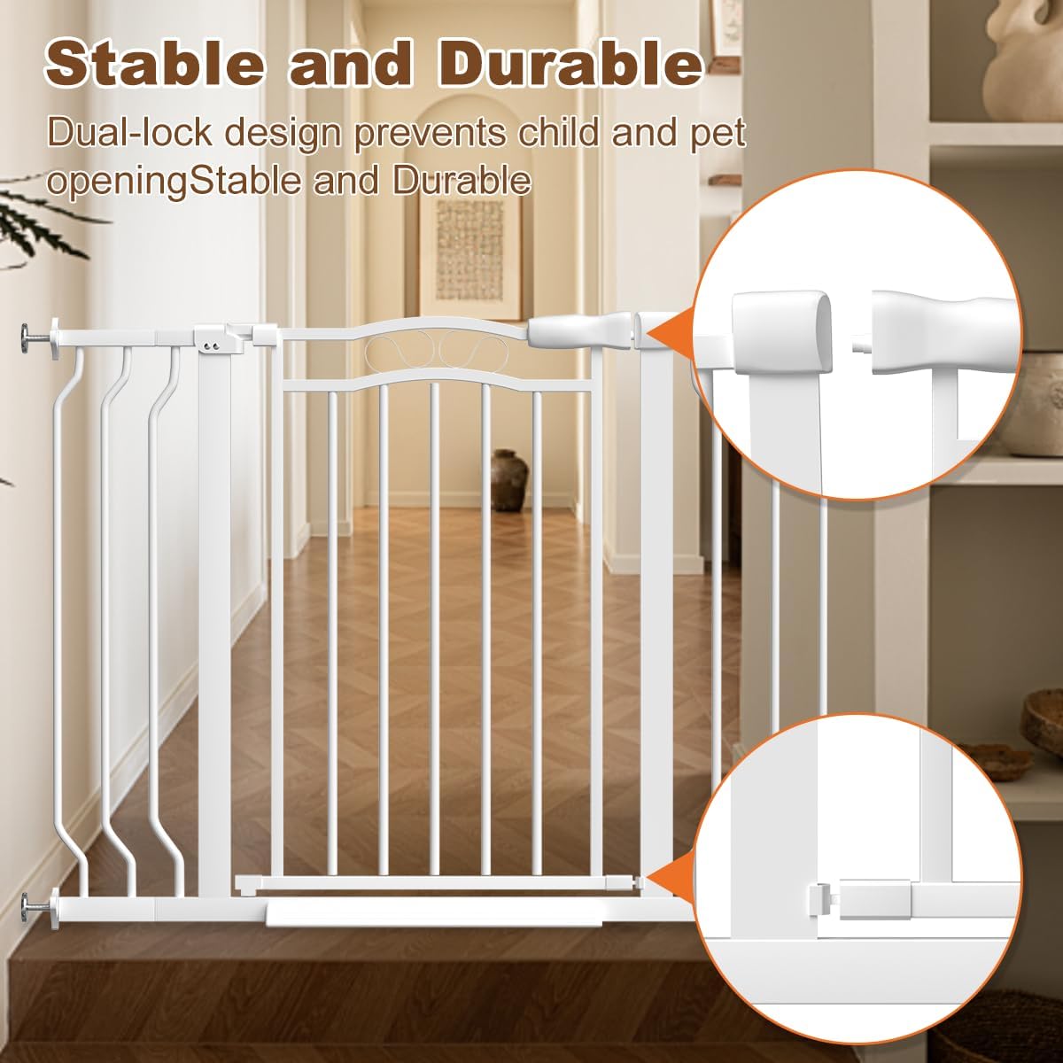 29.5-43.7" Wide Baby Gate for Stairs No Drilling, 30" Tall Metal Pet Baby Safety Gates with Expansion Kit, Press Mounted Dog Gate Indoor for Kids, Walk Through Dog Gates for Doorways, White
