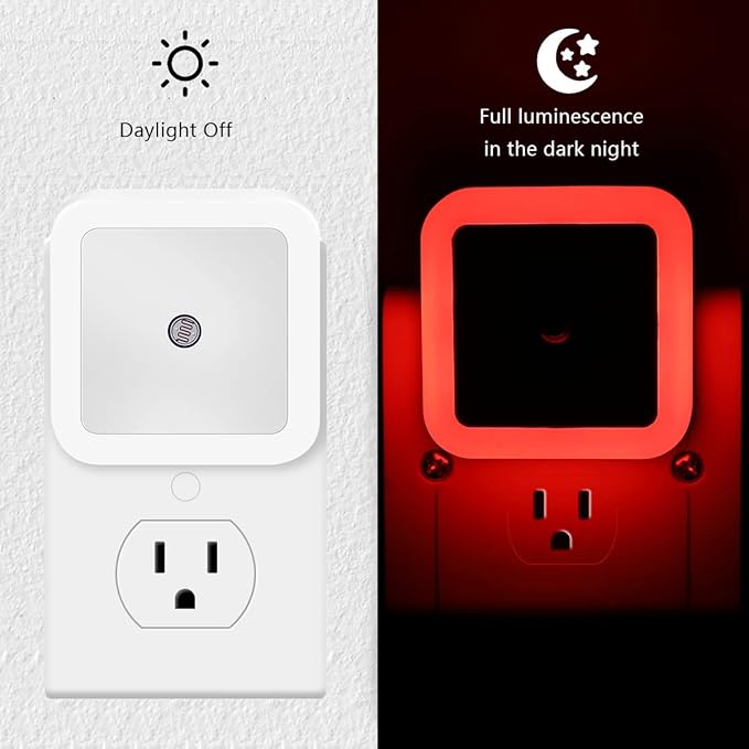 KINUR 6 Pack Red Night Light, LED Night Lights Plug into Wall with Dusk to Dawn sensors, Plug in Night Lights for Kids Room, Bedroom, Bathroom, Baby Nursery,Stair Lights, Hallway Light, Daylight