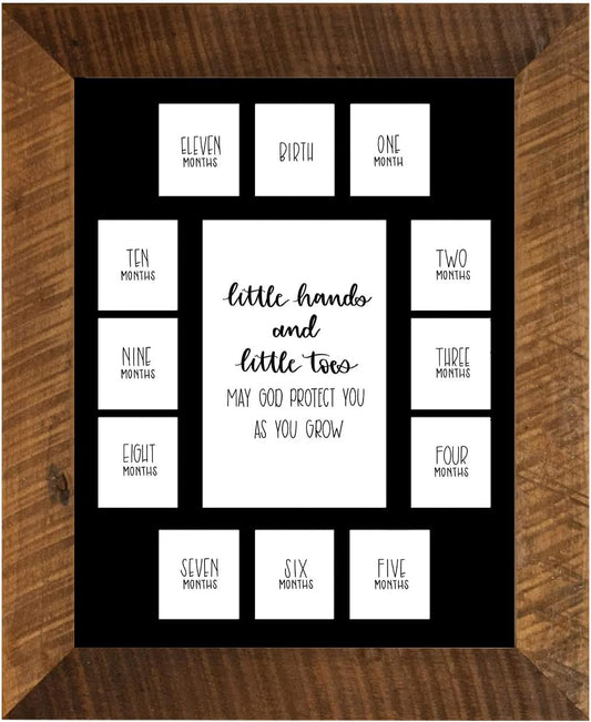 Rustic Red Door Co. Baby's First Year Picture Mat - Barnwood Frame - Little Hands and Little Toes Photo Collage - 13 Picture Slots - Newborn to One Year Birthday - Watch Your Baby Grow (Black Mat)