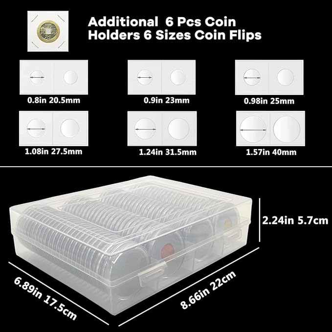 100 Pcs 46mm Silver Dollar Coin Holder Capsules and 15 Sizes(Match All 12-46mm) Protect Gasket for Collection Supplies,Plastic Coin Case with Storage Organizer Box for Collectors and 6 Pcs Coin Flip