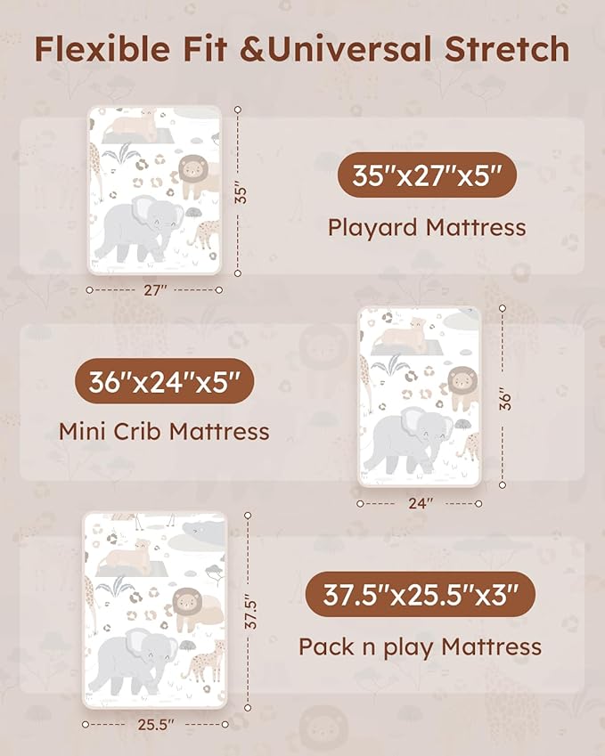 Pack and Play Sheets Fitted 3 Pack, Mini Crib Sheets for Pack N Play Mattress Stretchy Portable Playard Sheets, Soft Breathable Elephant
