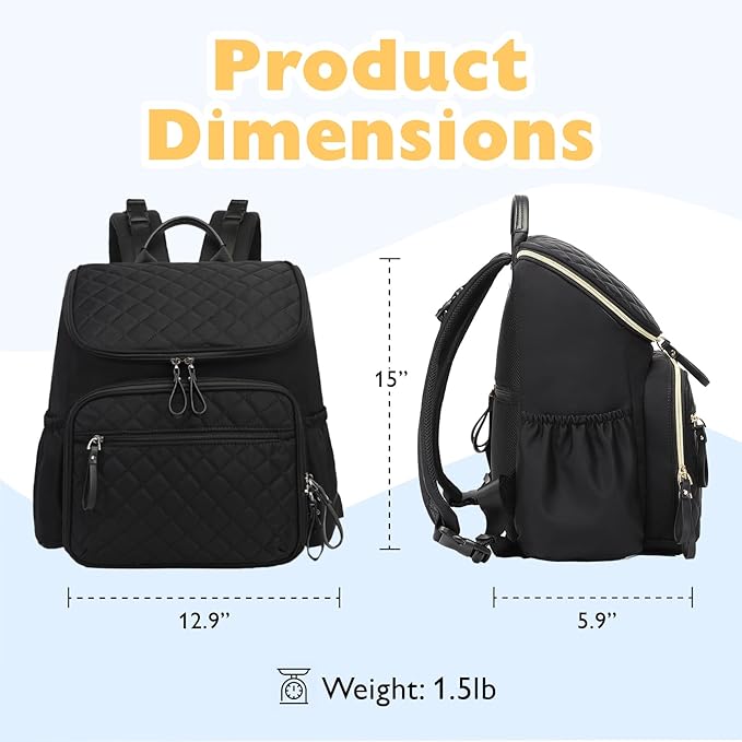 Large Capacity Diaper Bag Backpack with Stroller Buckle, Water-Resistant Travel Baby Bag with Insulated Pockets (Classic, Black)