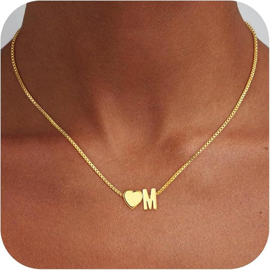 Gold Initial Necklaces for Women Girls, 18K Gold Plated Letter A-Z Heart Pendant Necklace Dainty Gold Initial Necklaces for Women Girls Birthday Gifts Jewelry