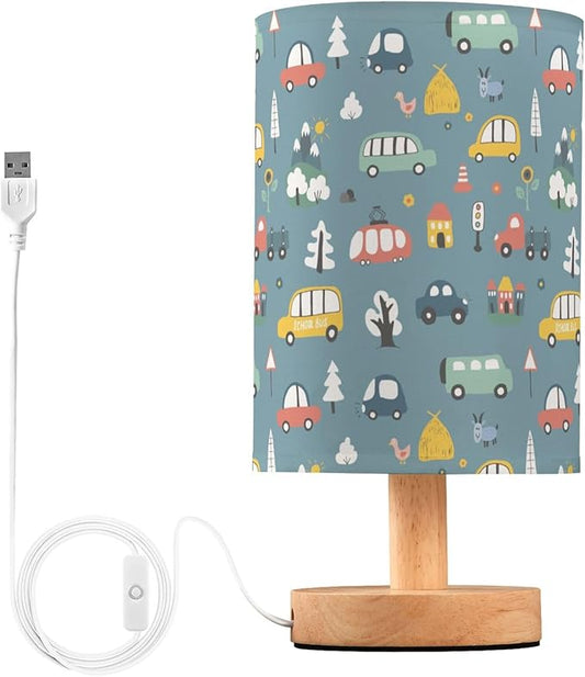 Table Lamp Cute Cars Pattern Cartoon Transportation Doodle Nightstand Lamp with Wood Base Fabric Lamp Shade Bedside Desk Lamp for Living Room Bedroom Kids Room Office