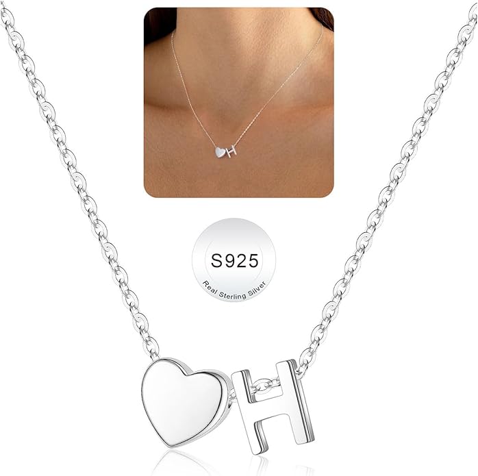 Turandoss S925 Sterling Silver Heart Initial Necklaces for Girls Teen Girls, Dainty S925 Sterling Silver Tiny Heart Initial Necklace Letter Necklaces Trendy Jewelry Gifts for Girls Teen Girls