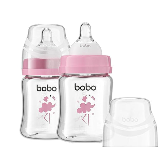 YOHKOH Glass Baby Bottles with Slow Flow Nipple, Newborn Anti-Colic Baby Bottles for 0+ Months, Wide Neck Feeding Bottle, Clear (Red, 5oz (Pack of 2))
