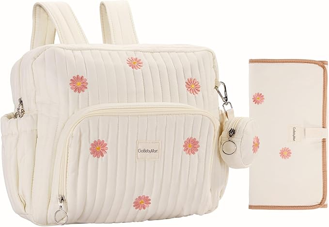 Diaper Bag Backpack, Medium Maternity baby bag & Changing Pad, Insulated Pockets, Stroller Straps & Pacifier Case (Medium - Beige Flowers)