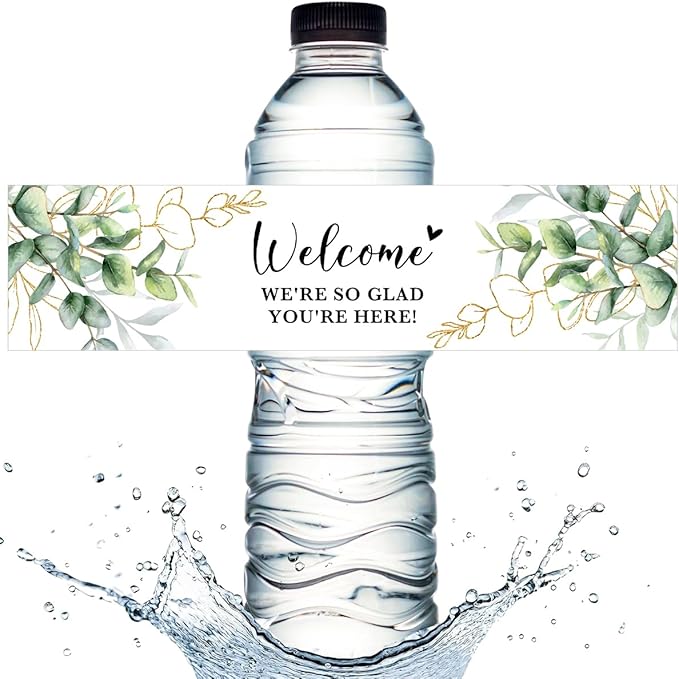 100PCS Wedding Water Bottle Labels Waterproof Greenery Floral Wraps Sticker for Water Bottle Baby Shower Bottle Label for Bridal Shower Party Welcome (Eucalyptus)
